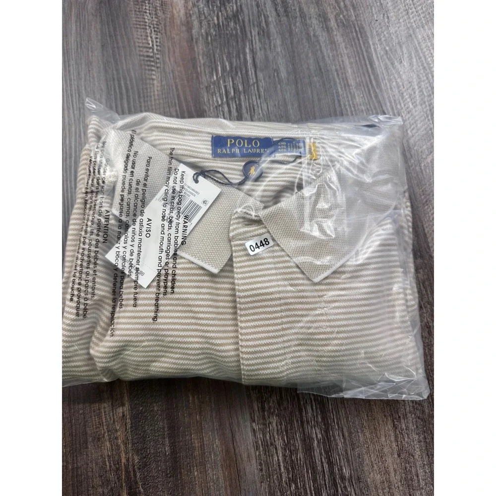 Polo Ralph Lauren Mens 4XB Beige White Striped Short Sleeve Polo Shirt NWT